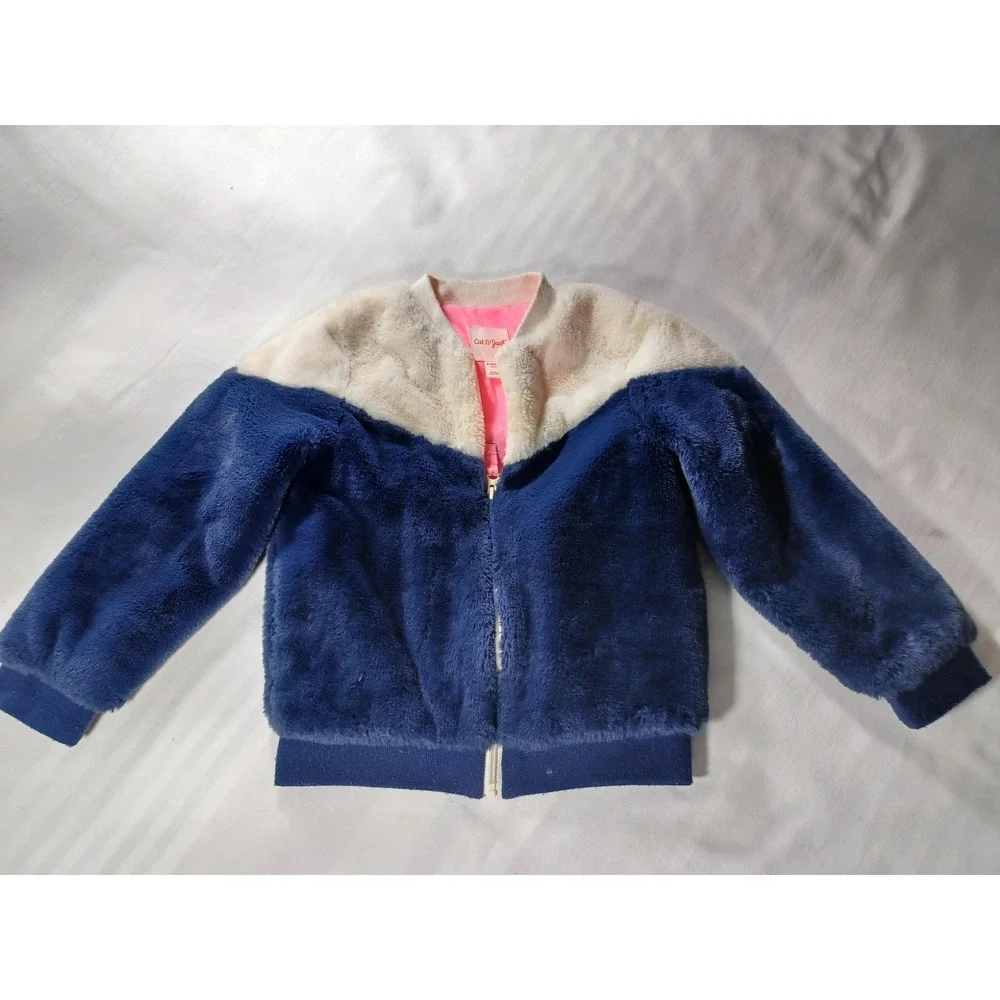 Cat & Jack‎ Jacket Girls Small 6/6X Blue White Colorblock Fuzzy Faux Fur Zip
